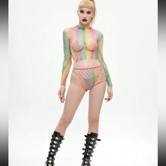Rainbow Color Long-Sleeve Two-Piece Fishnet Set One-Size - Picture 4 of 6